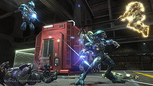Promotional image for the Halo: Reach Multiplayer Beta featuring a battle during a match of Invasion on the multiplayer map Boneyard. From the Halo: Reach press kit.