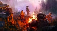 Marines making camp on Installation 07 in the Halo Encyclopedia (2022 edition).