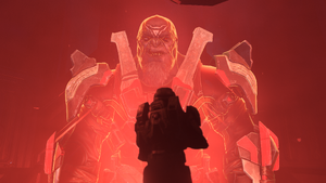 John-117 watching a hologram of Escharum in the Repository. From Halo Infinite campaign level Repository.