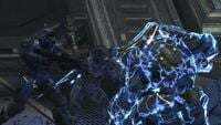 A Sangheili General charges at NOBLE Team to secure the lab entrance.