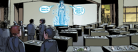 Déjà instructing the Spartan-II children to their seats in a classroom in Halo: Fall of Reach.
