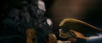 Jai-006 attempting to kill Thel 'Vadamee with an MA5C during the Battle of the Rubble in the Halo 2: Anniversary terminals.