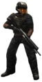 Detail of standard helmeted NMPD cop equipped with M90 Shotgun.
