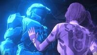 A hologram of John-117 and Cortana after the Mantle's Approach's destruction on Installation 07 in Halo Infinite.
